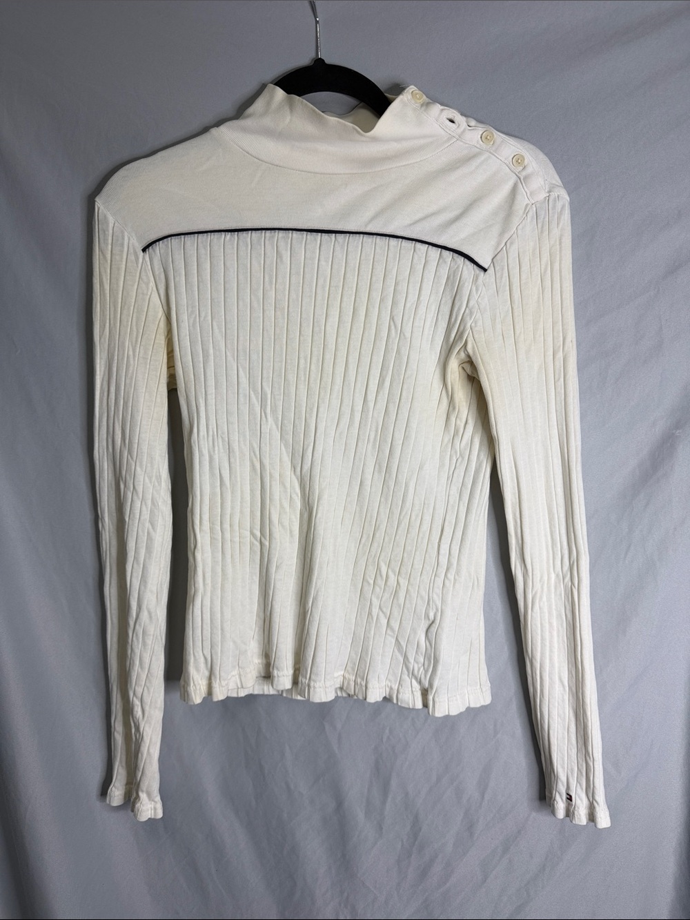 Tommy Hilfiger Cream Ribbed Turtleneck Sweater with Button Shoulder